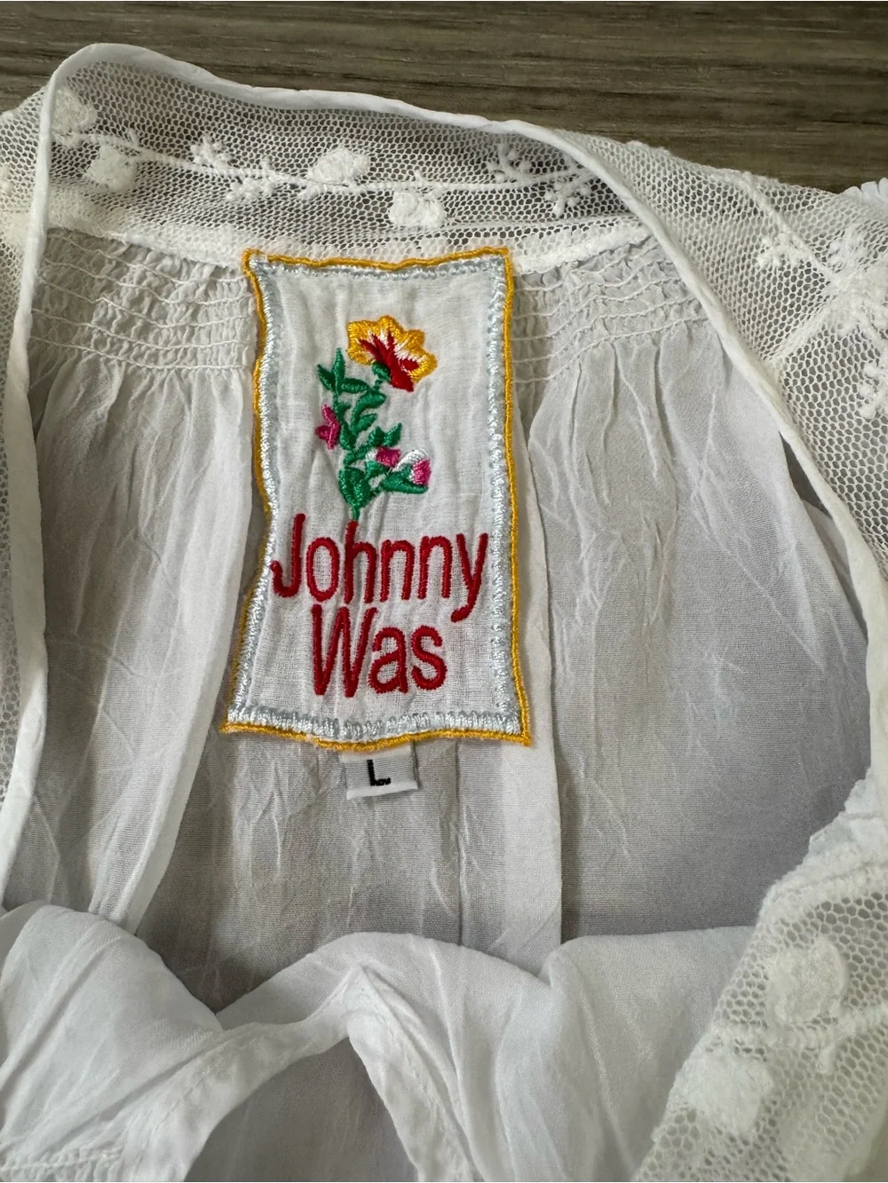 Johnny Was Lace Trim Peasant Blouse in White Delicate Bohemian Size Large - Picture 4 of 8